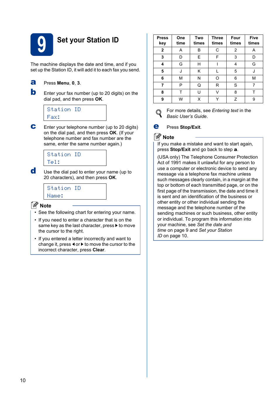 9 set your station id, Set your station id, Station id fax | Station id tel, Station id name | Brother MFC 7860DW User Manual | Page 10 / 42