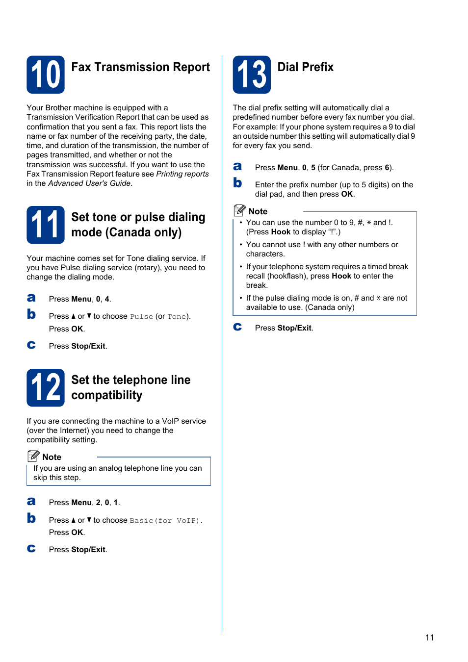 10 fax transmission report, 11 set tone or pulse dialing mode (canada only), 12 set the telephone line compatibility | 13 dial prefix | Brother MFC 7860DW User Manual | Page 11 / 42