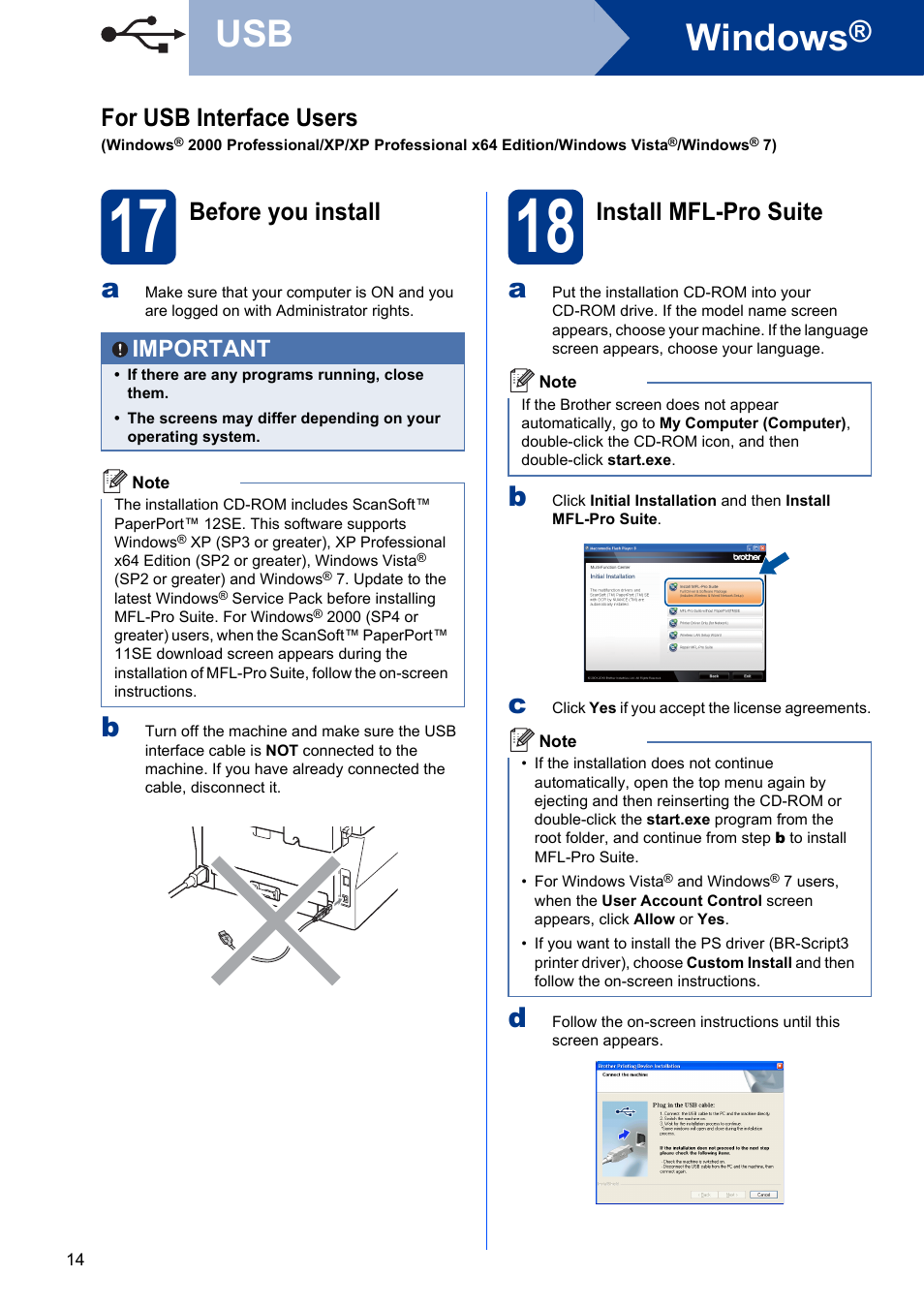 17 before you install, 18 install mfl-pro suite, Windows | For usb interface users, Before you install, Install mfl-pro suite, Important | Brother MFC 7860DW User Manual | Page 14 / 42