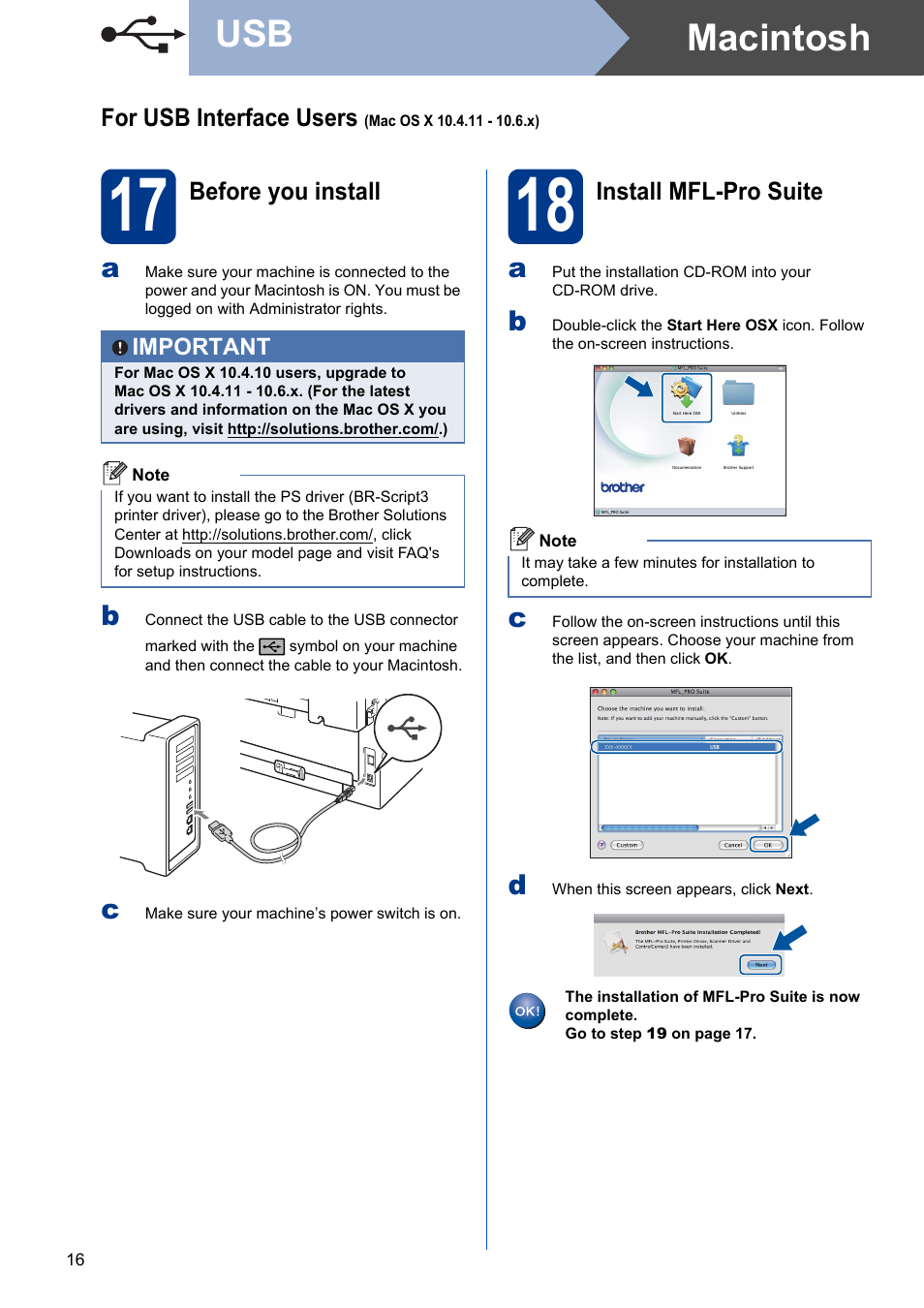 17 before you install, 18 install mfl-pro suite, Macintosh usb | Brother MFC 7860DW User Manual | Page 16 / 42