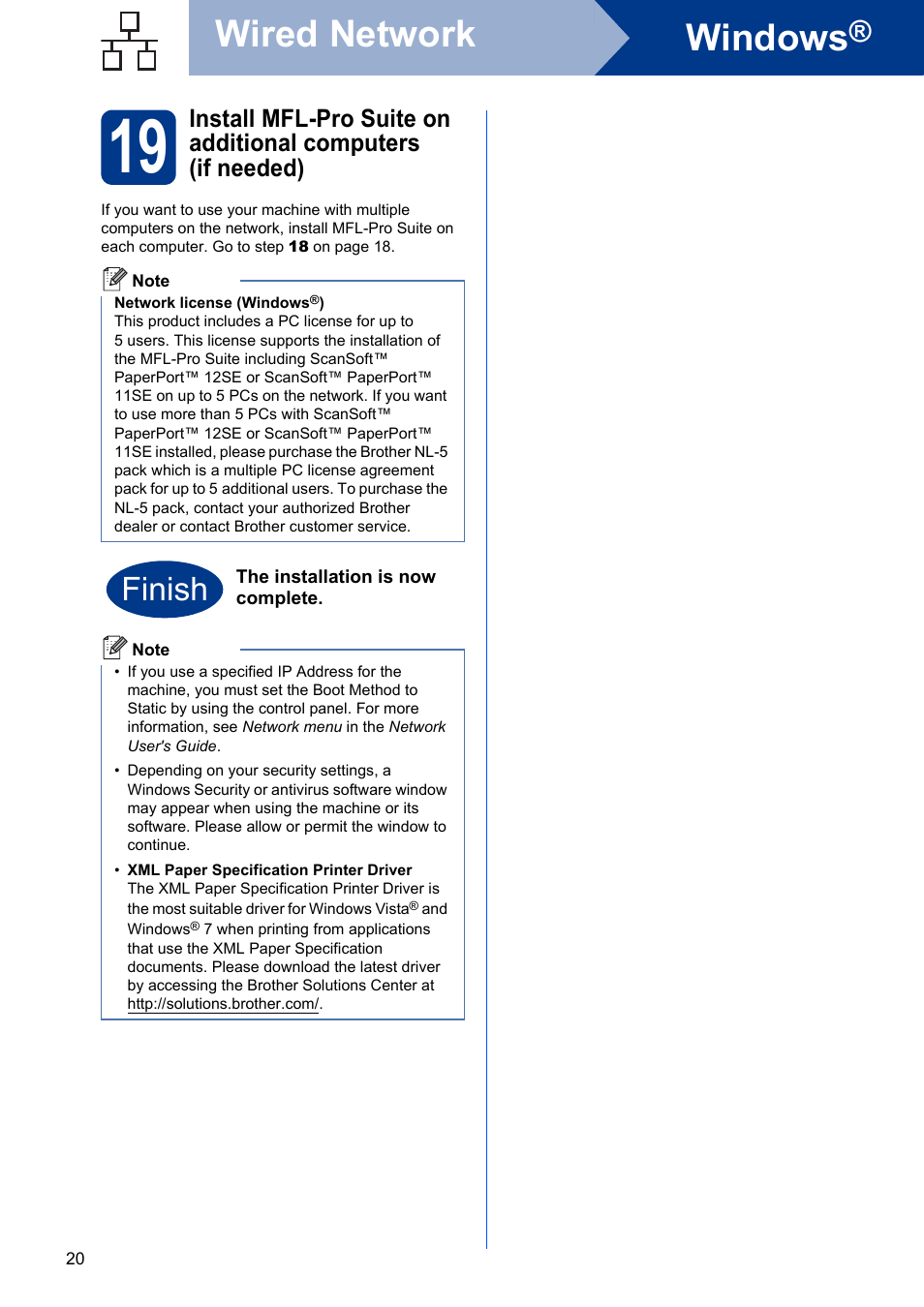Windows, Wired network, Finish | Brother MFC 7860DW User Manual | Page 20 / 42