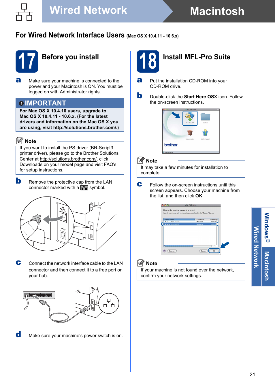 17 before you install, 18 install mfl-pro suite, Macintosh wired network | Brother MFC 7860DW User Manual | Page 21 / 42