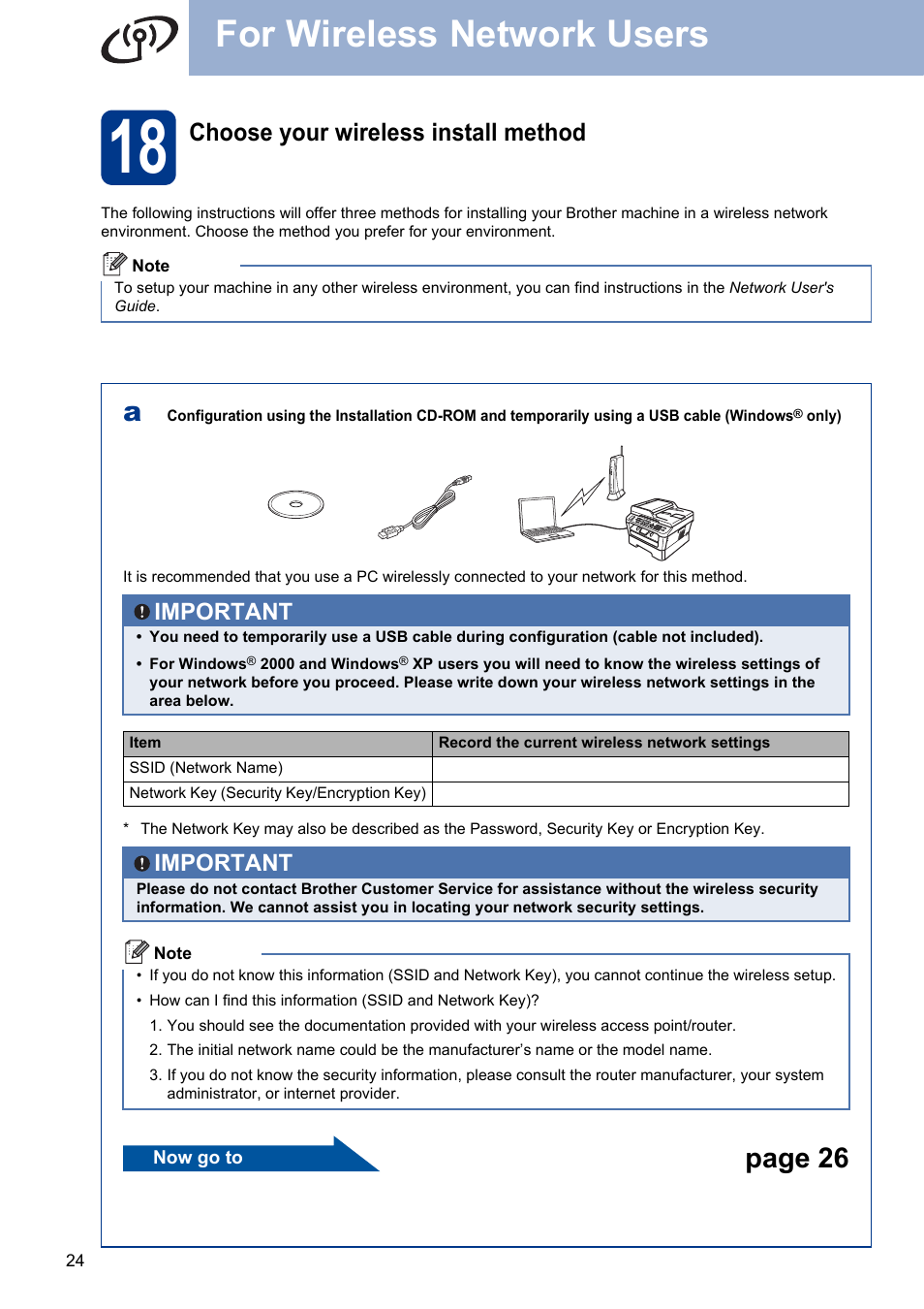 18 choose your wireless install method, For wireless network users, Page 26 | Choose your wireless install method, Important | Brother MFC 7860DW User Manual | Page 24 / 42