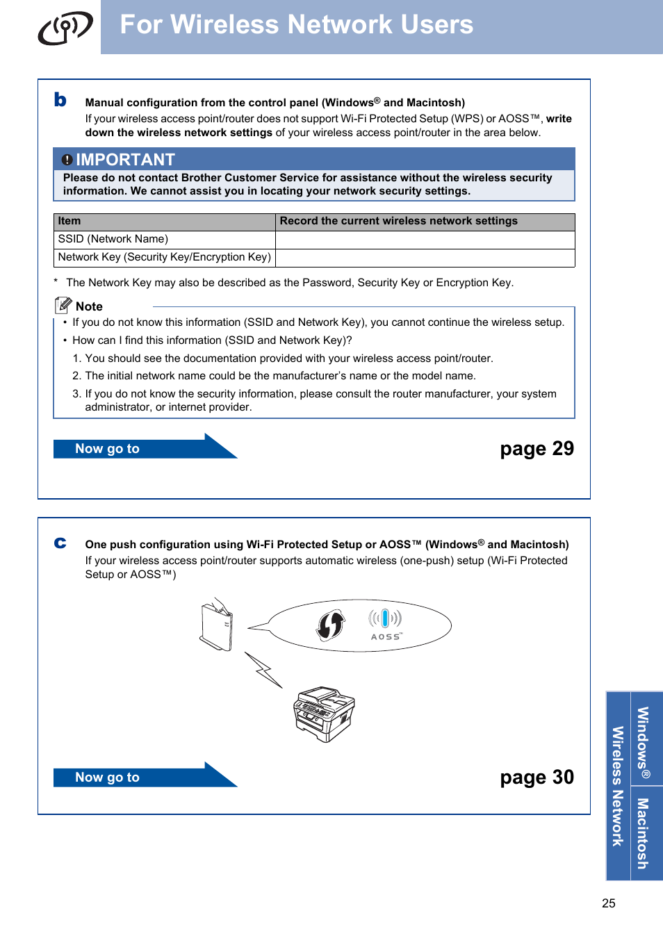 For wireless network users, Page 29, Page 30 | Important | Brother MFC 7860DW User Manual | Page 25 / 42