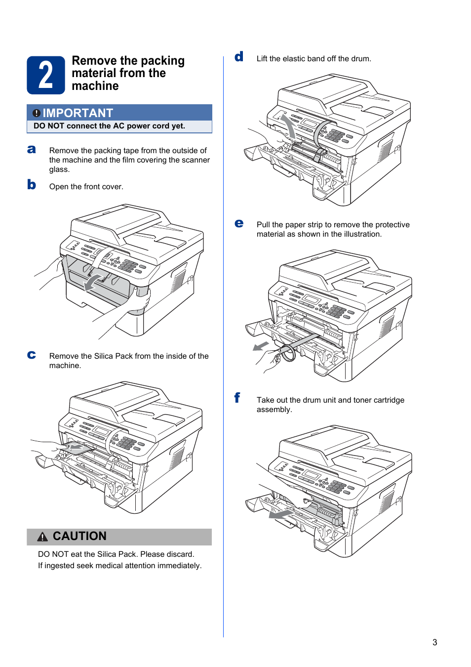 2 remove the packing material from the machine | Brother MFC 7860DW User Manual | Page 3 / 42