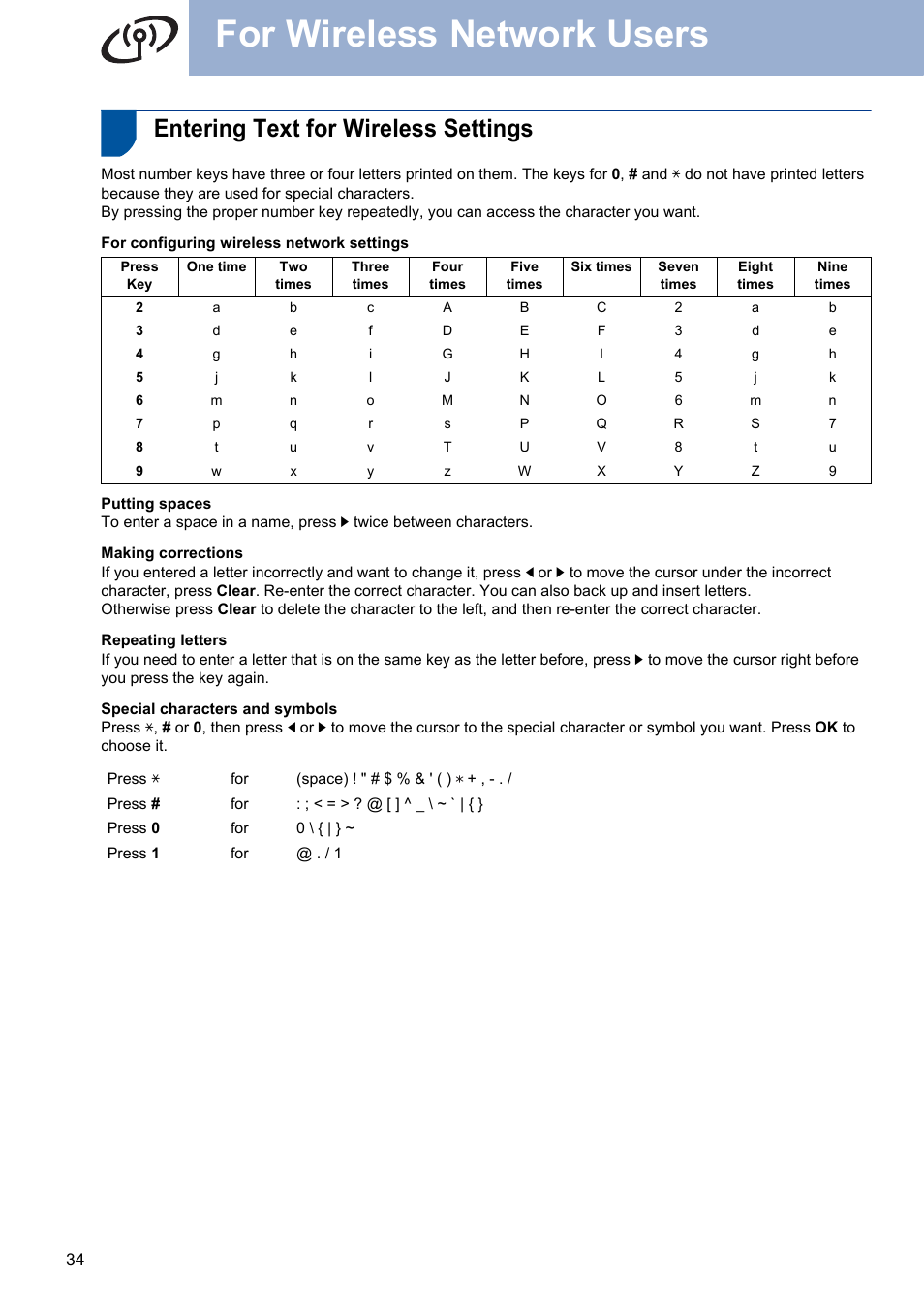 Entering text for wireless settings, For wireless network users | Brother MFC 7860DW User Manual | Page 34 / 42