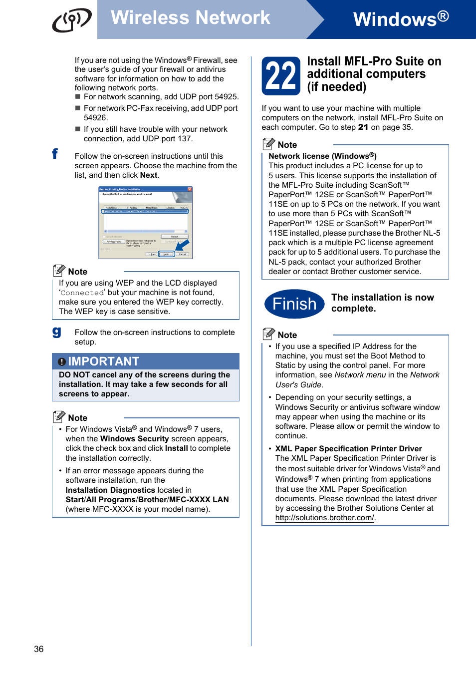 Step, Windows, Wireless network | Finish, Important | Brother MFC 7860DW User Manual | Page 36 / 42