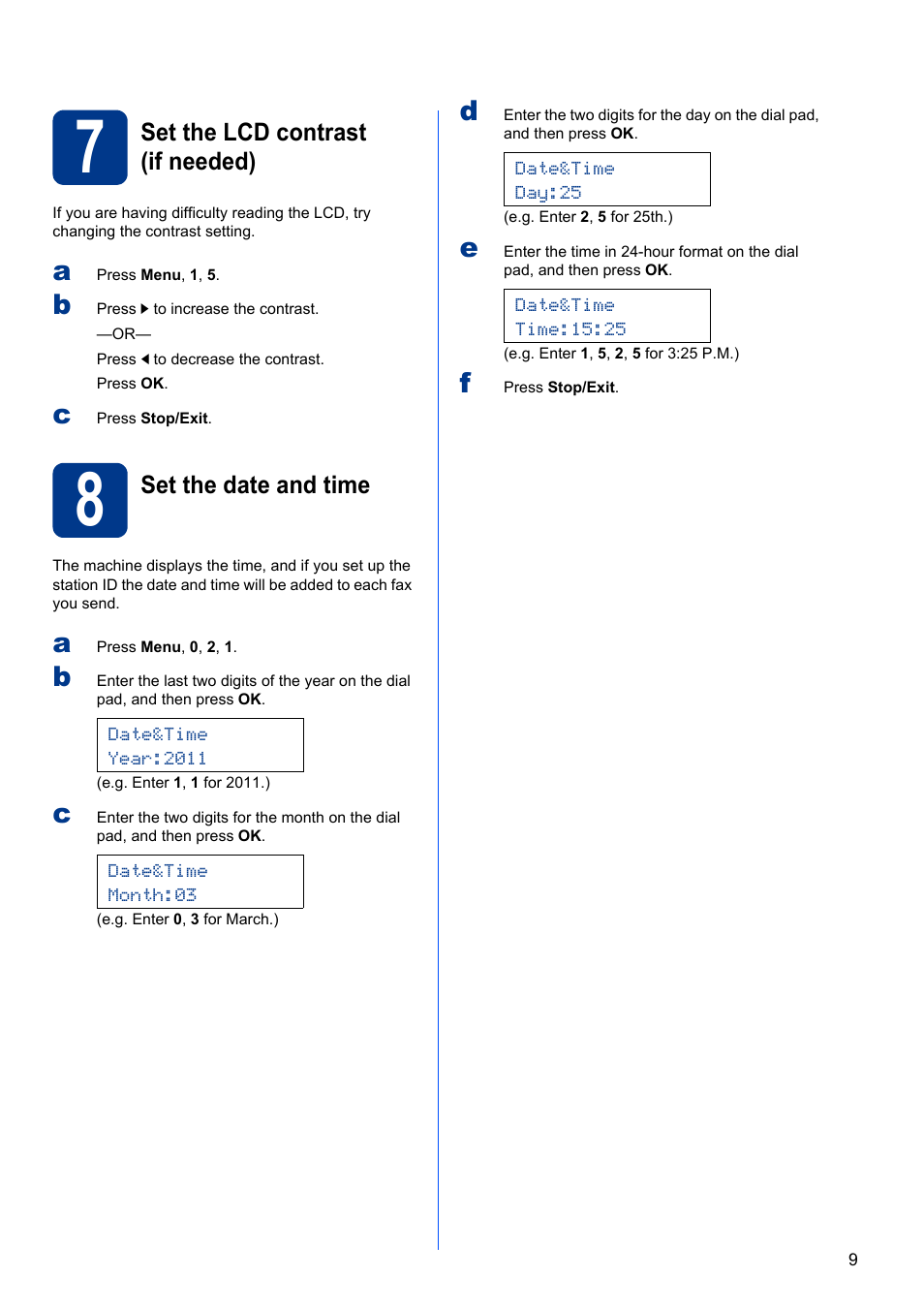 7 set the lcd contrast (if needed), 8 set the date and time | Brother MFC 7860DW User Manual | Page 9 / 42