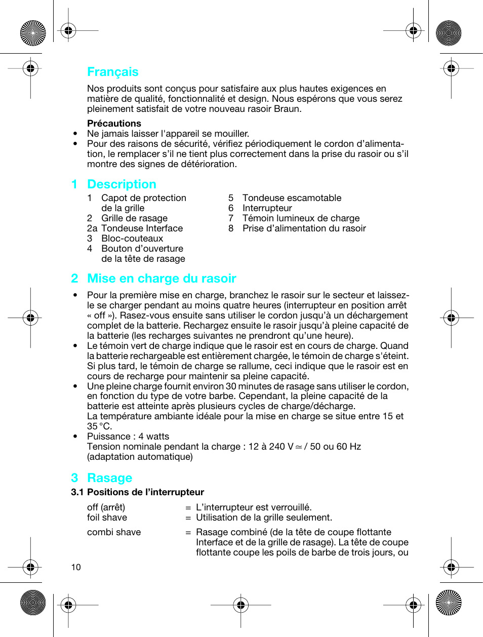Français, 1 description, 2 mise en charge du rasoir | 3 rasage | Braun 3773 InterFace Excel User Manual | Page 10 / 50