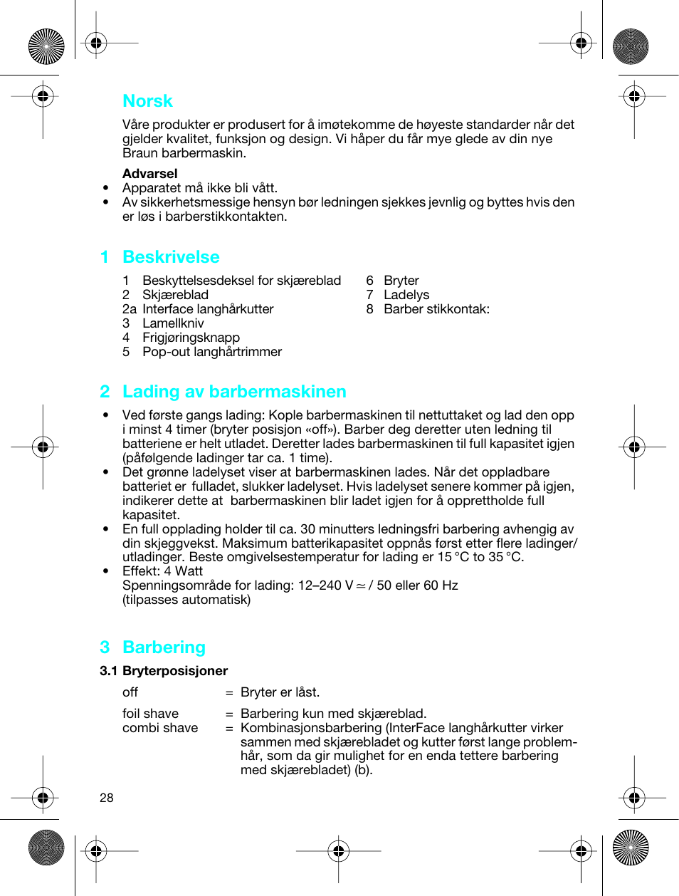 Norsk, 1 beskrivelse, 2 lading av barbermaskinen | 3 barbering | Braun 3773 InterFace Excel User Manual | Page 28 / 50