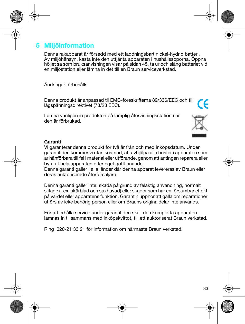 5 miljöinformation | Braun 3773 InterFace Excel User Manual | Page 33 / 50