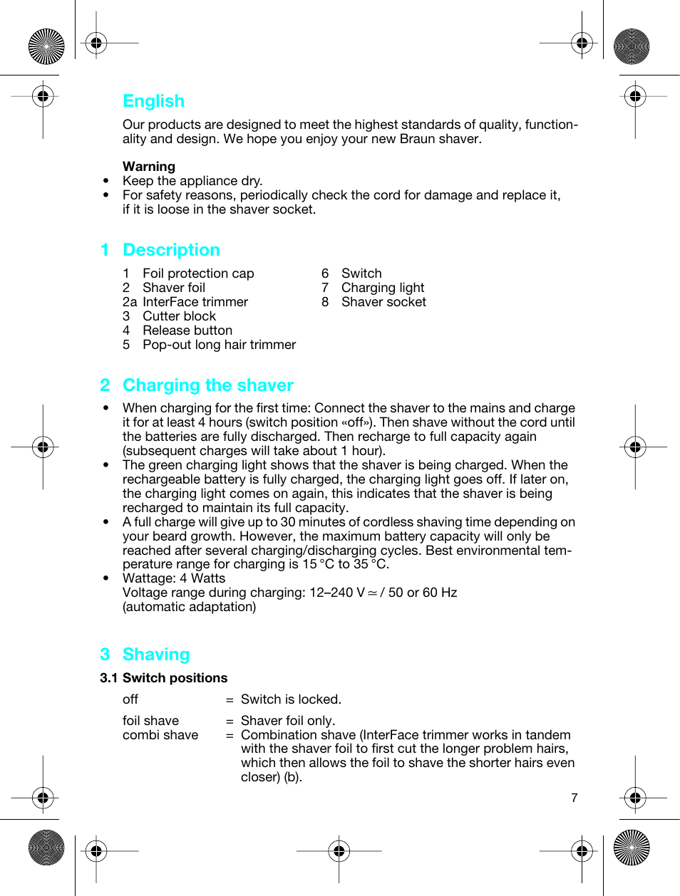 English, 1 description, 2 charging the shaver | 3 shaving | Braun 3773 InterFace Excel User Manual | Page 7 / 50