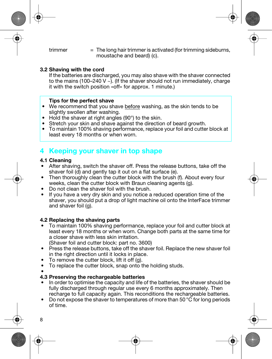 4 keeping your shaver in top shape | Braun 3773 InterFace Excel User Manual | Page 8 / 50