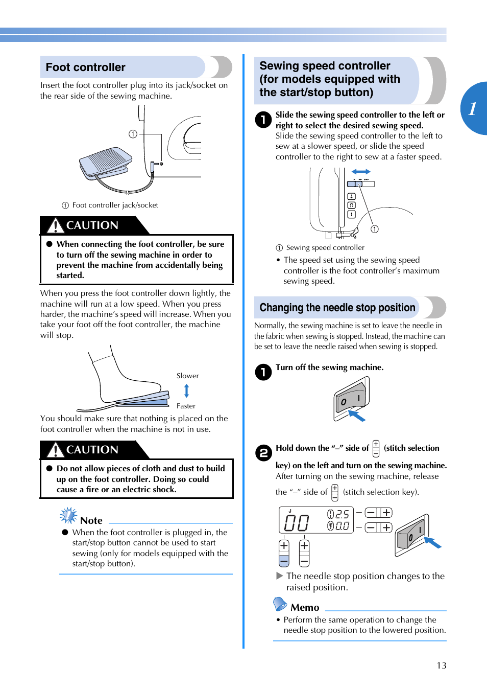 Foot controller, Changing the needle stop position, Caution | Brother XR1355 User Manual | Page 15 / 112