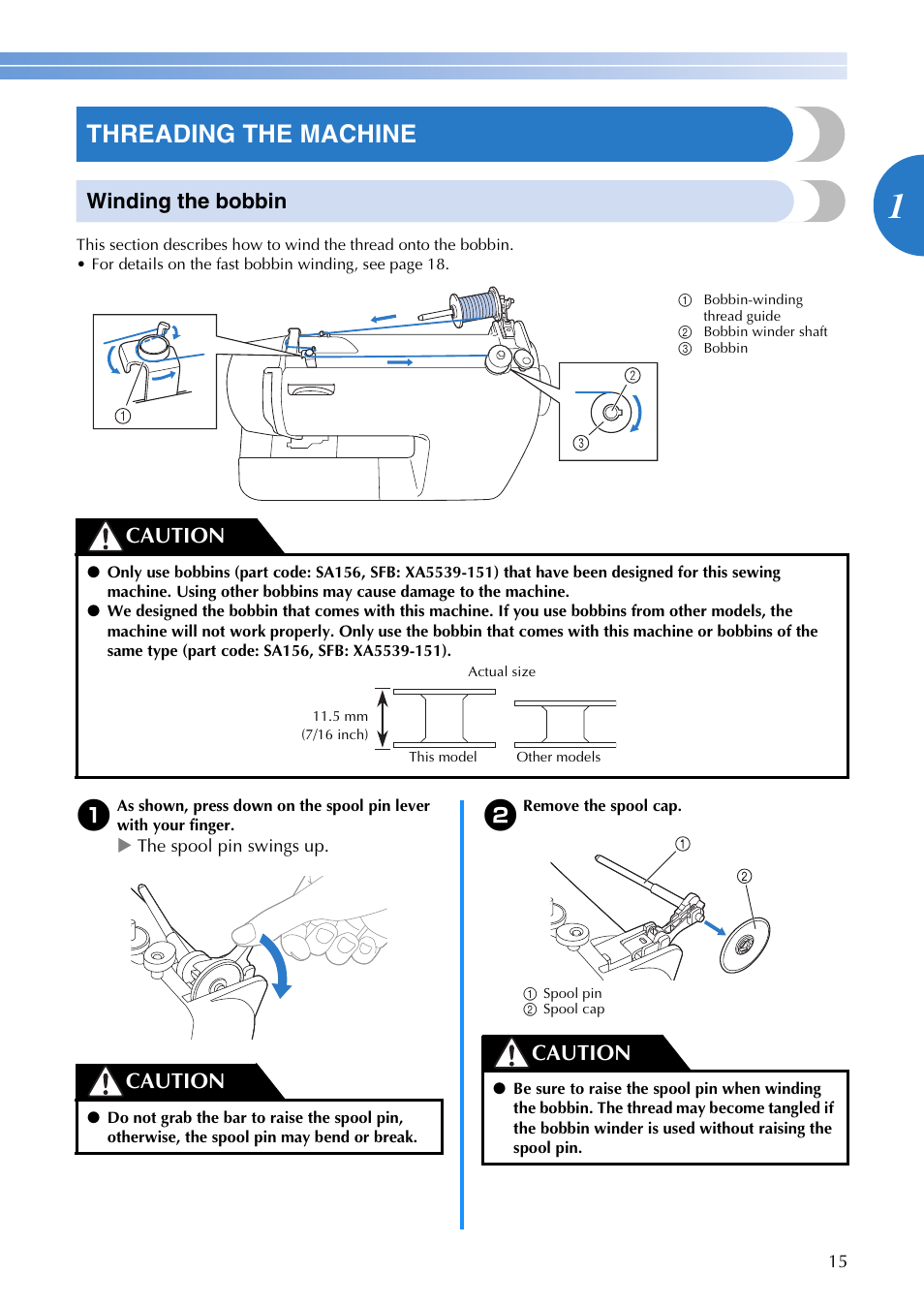 Threading the machine, Winding the bobbin, Caution | Brother XR1355 User Manual | Page 17 / 112