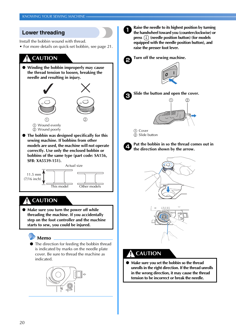 Lower threading, Caution | Brother XR1355 User Manual | Page 22 / 112