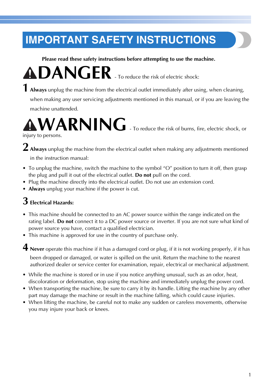 Danger, Warning, Important safety instructions | Brother XR1355 User Manual | Page 3 / 112