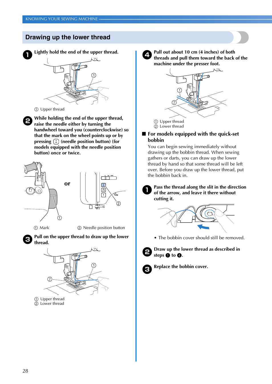 Drawing up the lower thread | Brother XR1355 User Manual | Page 30 / 112