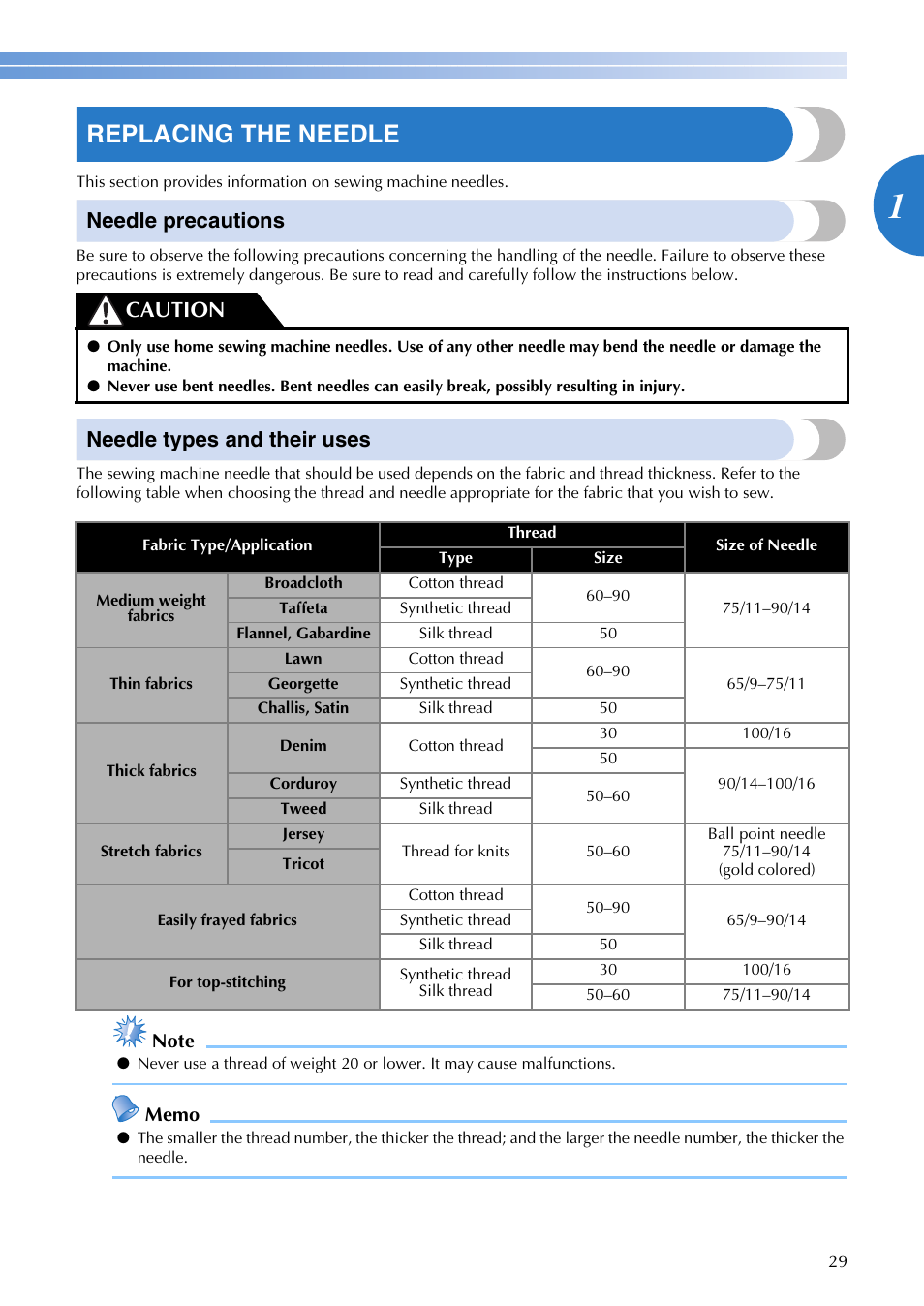 Replacing the needle, Needle precautions, Needle types and their uses | Caution | Brother XR1355 User Manual | Page 31 / 112