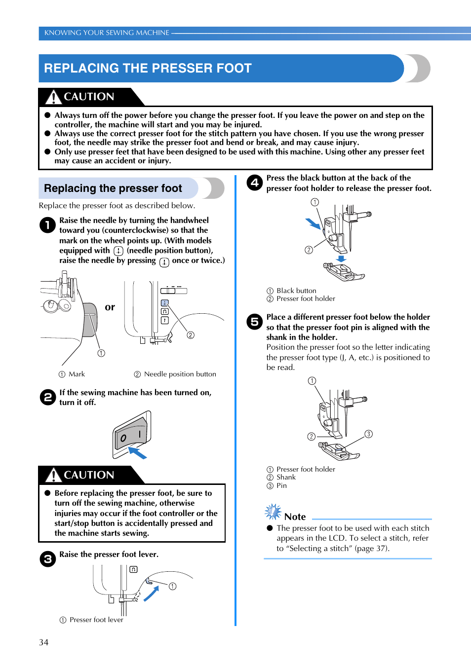 Replacing the presser foot, Caution, Or caution | Brother XR1355 User Manual | Page 36 / 112