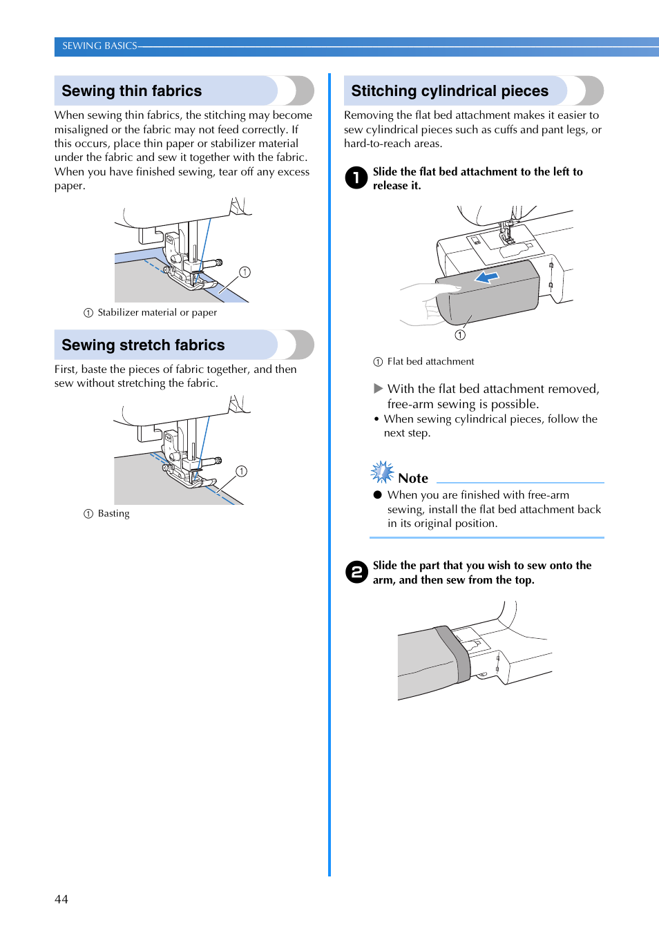 Sewing thin fabrics, Sewing stretch fabrics, Stitching cylindrical pieces | Brother XR1355 User Manual | Page 46 / 112