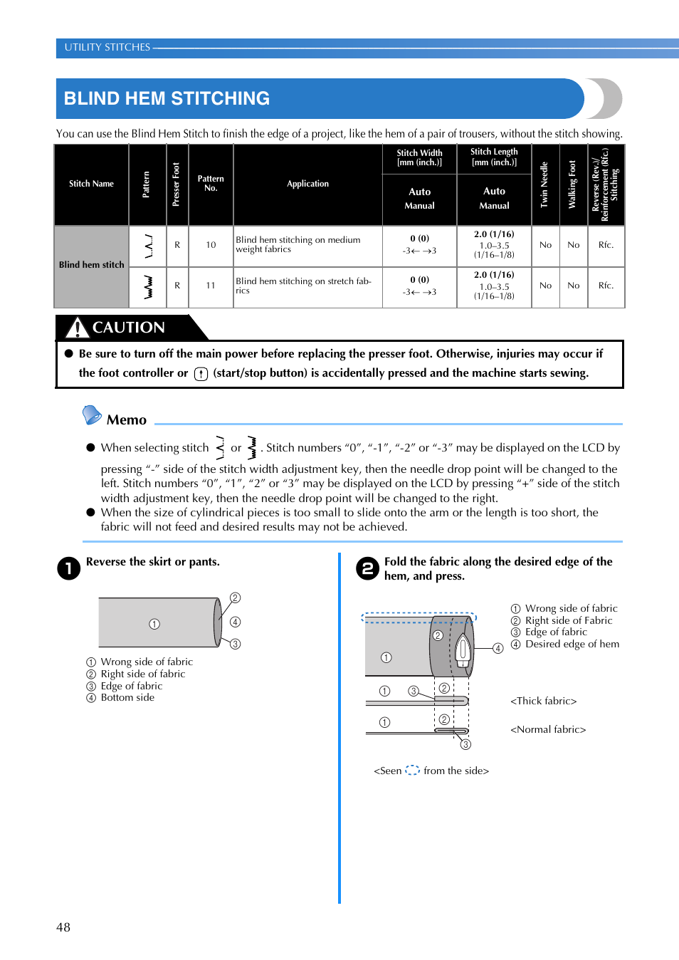 Blind hem stitching, Caution | Brother XR1355 User Manual | Page 50 / 112