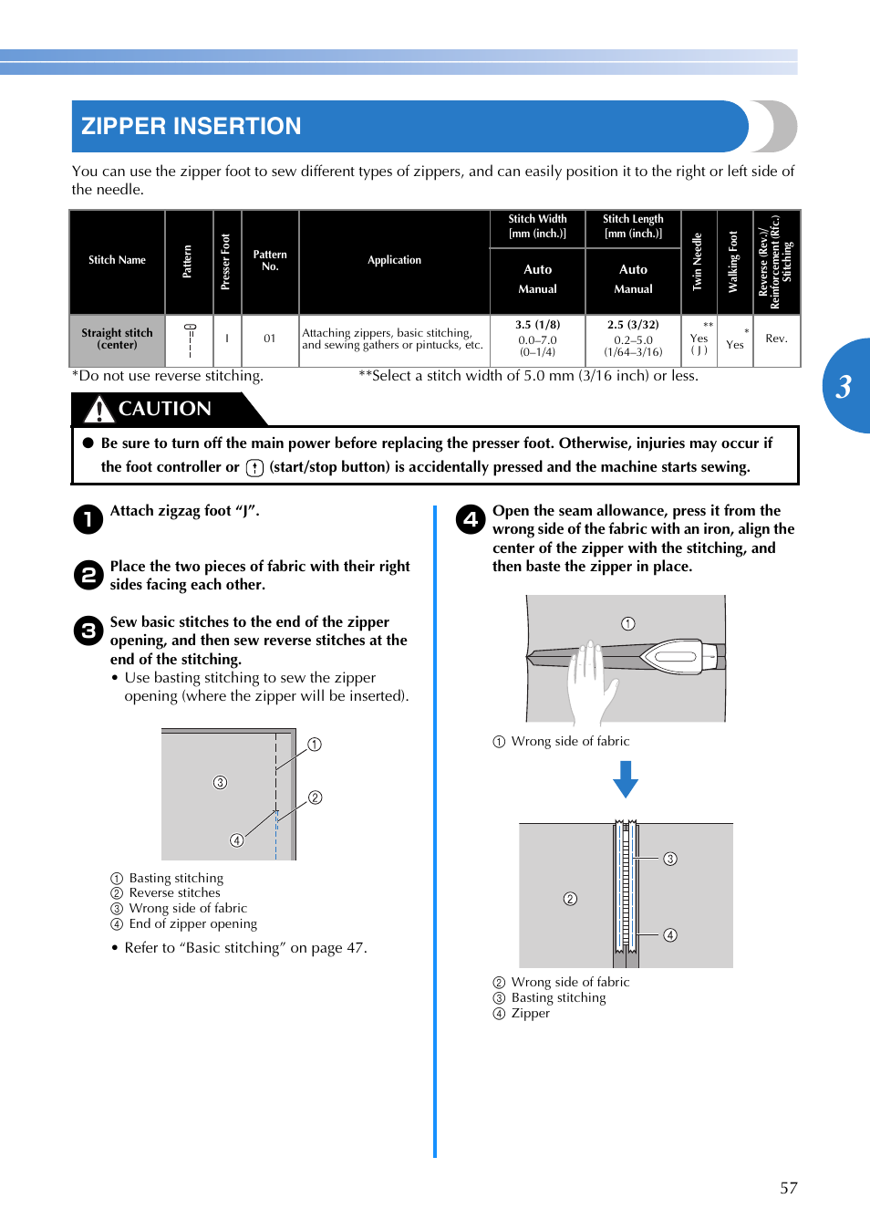Zipper insertion, Caution | Brother XR1355 User Manual | Page 59 / 112