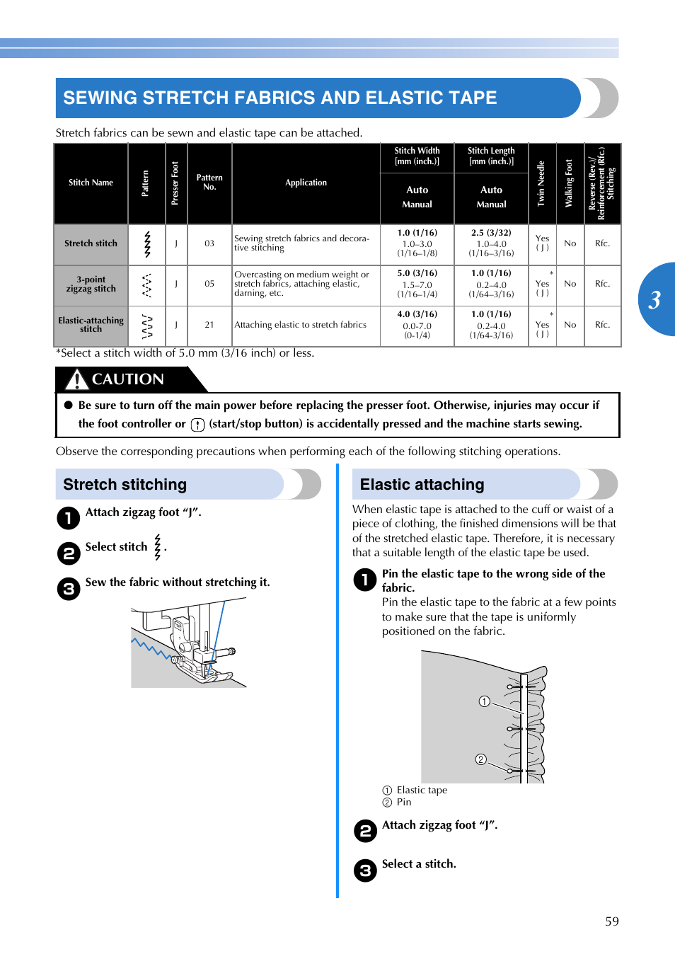 Sewing stretch fabrics and elastic tape, Stretch stitching, Elastic attaching | Caution | Brother XR1355 User Manual | Page 61 / 112