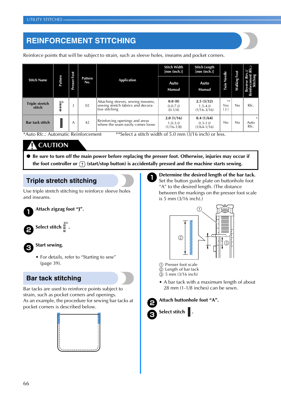 Reinforcement stitching, Triple stretch stitching, Bar tack stitching | Caution | Brother XR1355 User Manual | Page 68 / 112