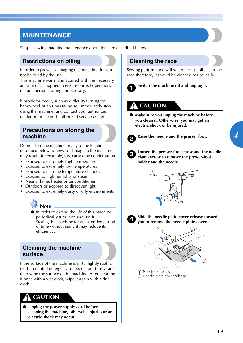 Maintenance, Restrictions on oiling, Precautions on storing the machine | Cleaning the machine surface, Cleaning the race, Caution | Brother XR1355 User Manual | Page 91 / 112