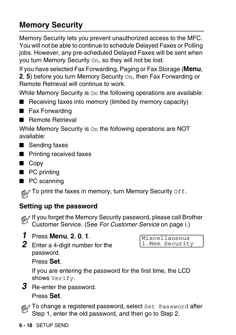 Memory security, Setting up the password, Memory security -18 | Setting up the password -18 | Brother MFC 8220 User Manual | Page 107 / 213