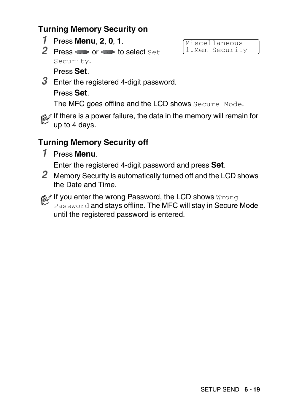 Turning memory security on, Turning memory security off | Brother MFC 8220 User Manual | Page 108 / 213
