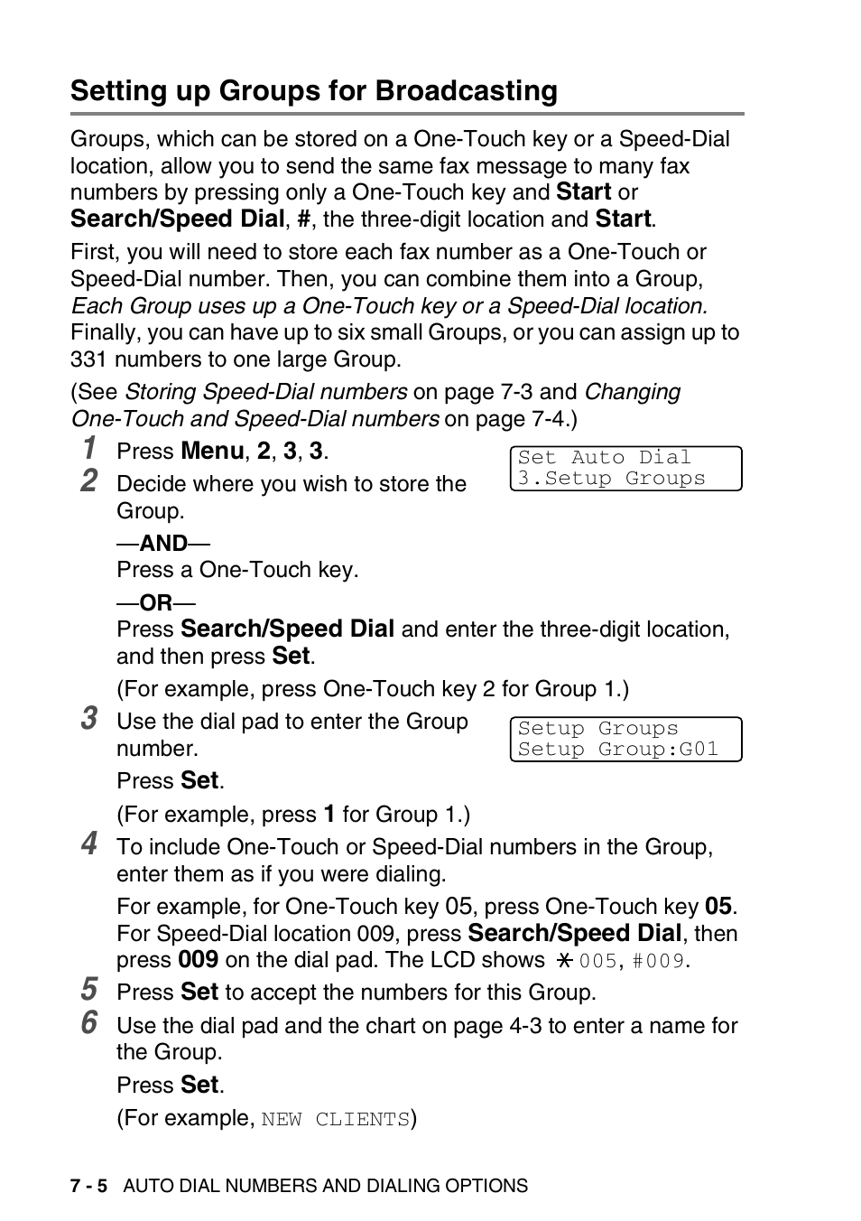 Setting up groups for broadcasting, Setting up groups for broadcasting -5 | Brother MFC 8220 User Manual | Page 113 / 213