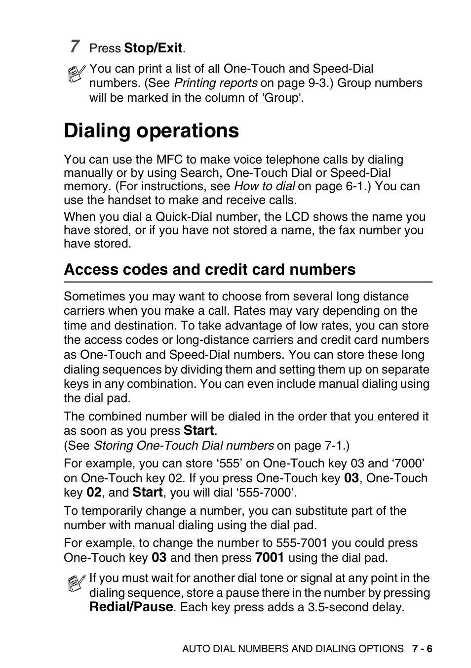 Dialing operations, Access codes and credit card numbers, Dialing operations -6 | Access codes and credit card numbers -6 | Brother MFC 8220 User Manual | Page 114 / 213