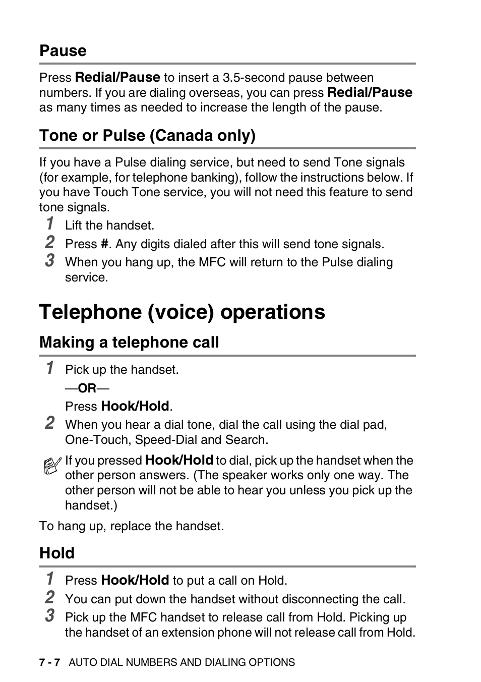 Pause, Tone or pulse (canada only), Telephone (voice) operations | Making a telephone call, Hold, Pause -7 tone or pulse (canada only) -7, Telephone (voice) operations -7, Making a telephone call -7 hold -7 | Brother MFC 8220 User Manual | Page 115 / 213