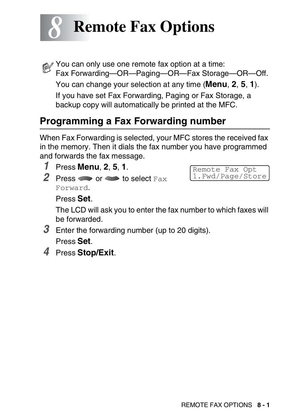 8 remote fax options, Programming a fax forwarding number, Remote fax options -1 | Programming a fax forwarding number -1, Remote fax options | Brother MFC 8220 User Manual | Page 116 / 213