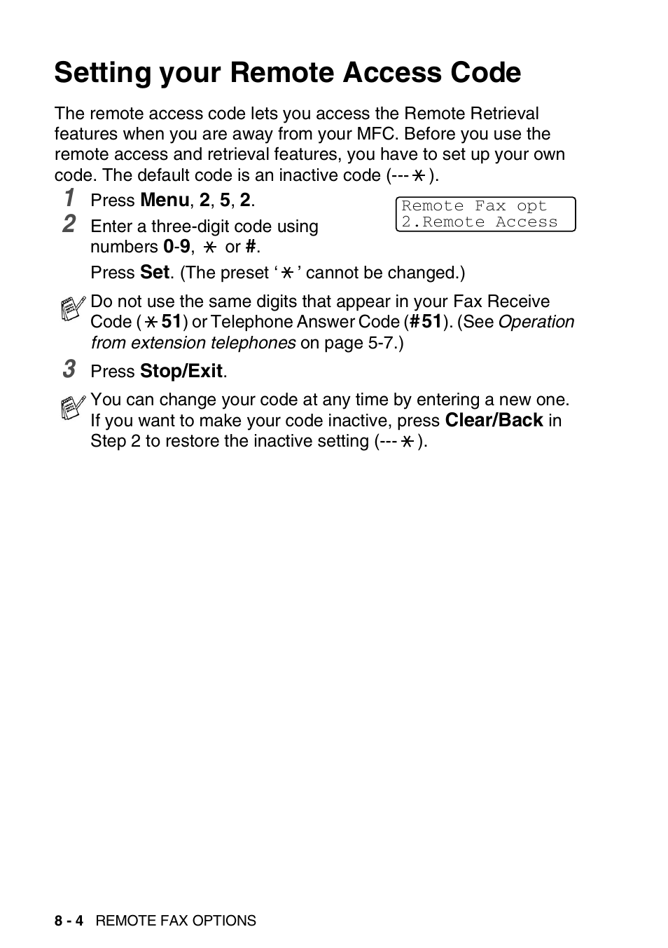 Setting your remote access code, Setting your remote access code -4 | Brother MFC 8220 User Manual | Page 119 / 213