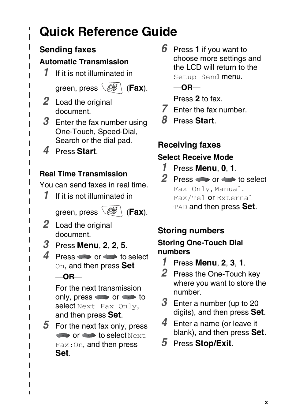Quick reference guide, Sending faxes, Receiving faxes | Storing numbers | Brother MFC 8220 User Manual | Page 12 / 213