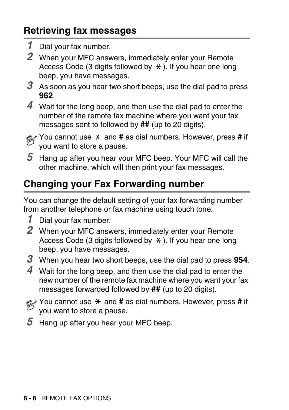 Retrieving fax messages, Changing your fax forwarding number | Brother MFC 8220 User Manual | Page 123 / 213