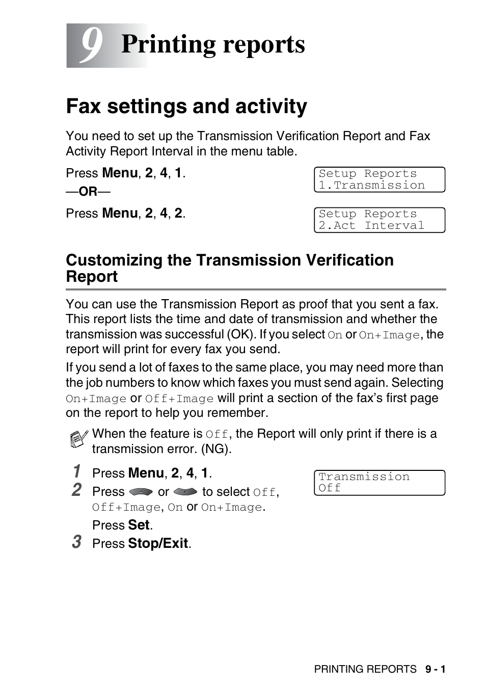 9 printing reports, Fax settings and activity, Customizing the transmission verification report | Printing reports -1, Fax settings and activity -1, Printing reports | Brother MFC 8220 User Manual | Page 124 / 213