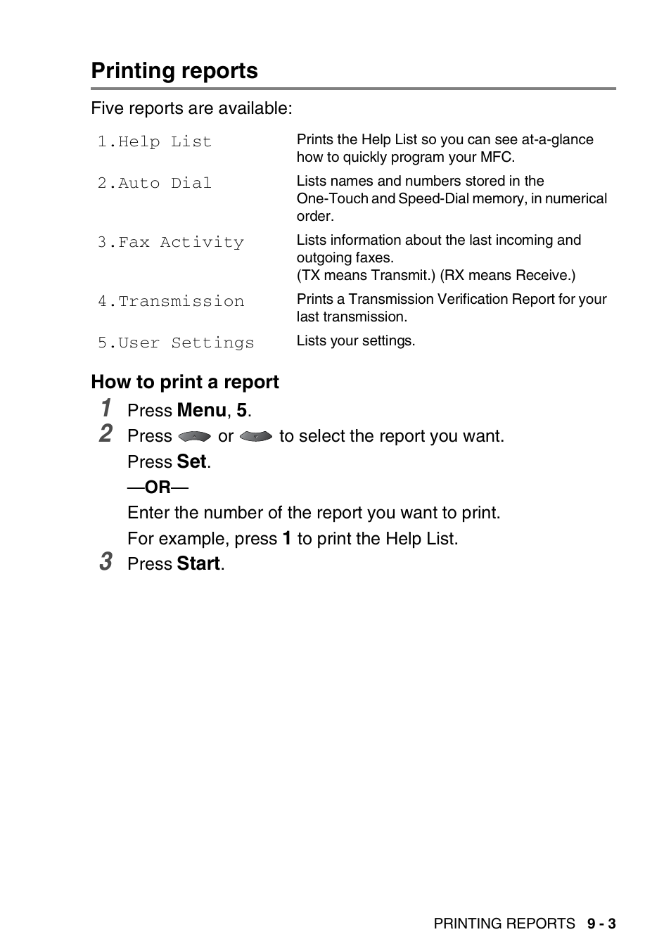 Printing reports, How to print a report, Printing reports -3 | How to print a report -3 | Brother MFC 8220 User Manual | Page 126 / 213