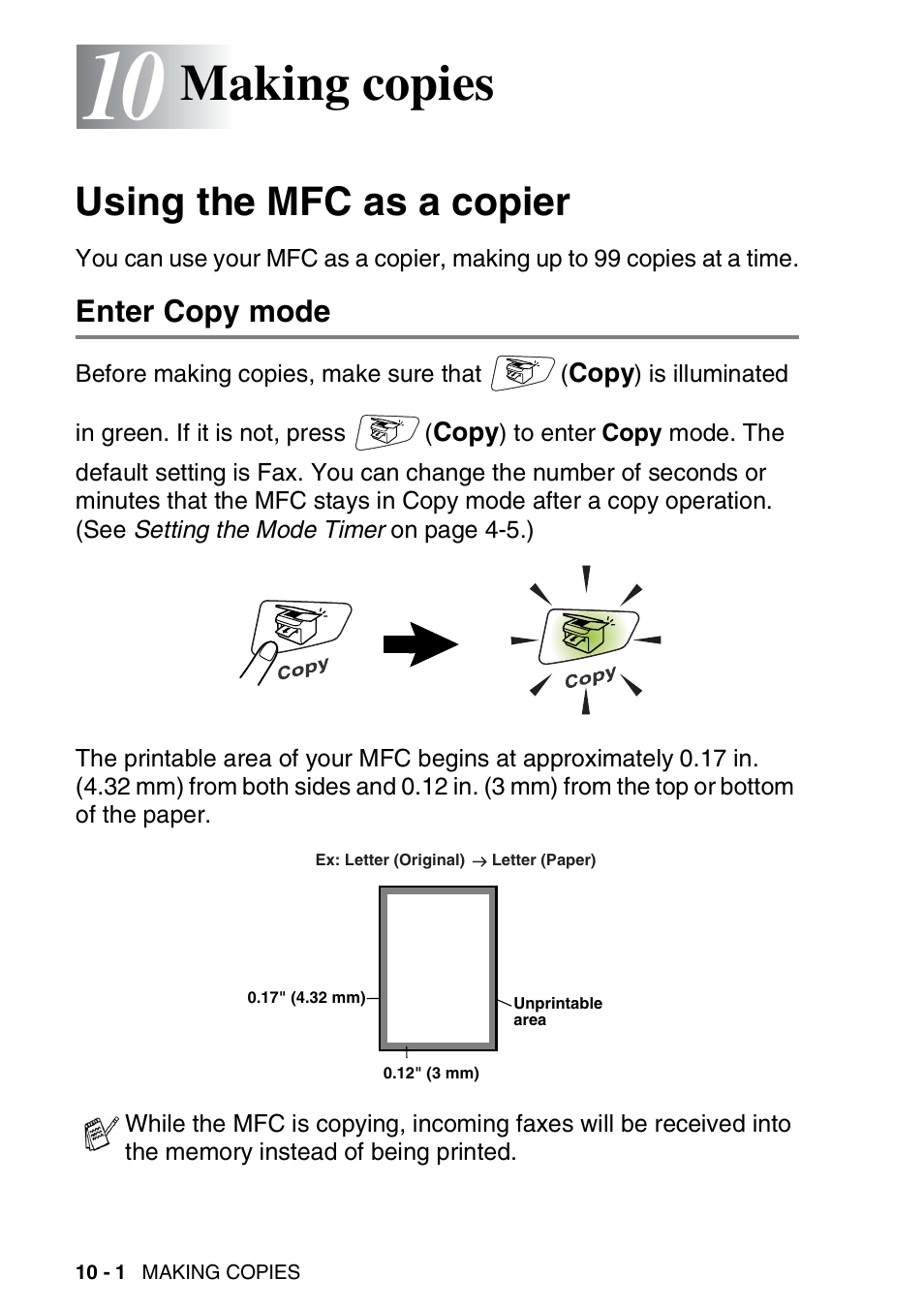 10 making copies, Using the mfc as a copier, Enter copy mode | Making copies -1, Using the mfc as a copier -1, Enter copy mode -1, Making copies | Brother MFC 8220 User Manual | Page 127 / 213
