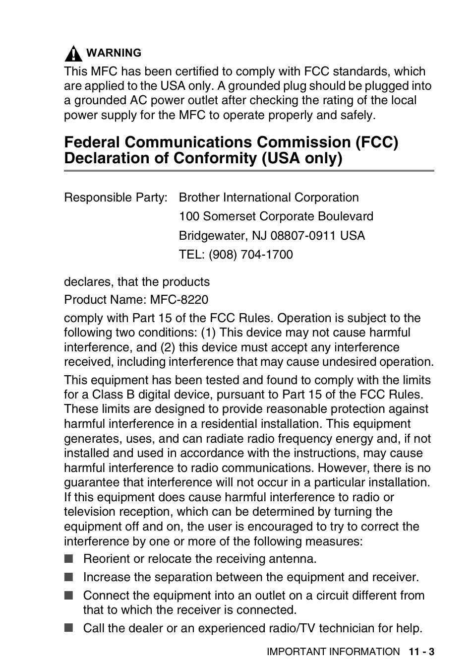 Federal communications commission (fcc), Declaration of conformity (usa only) -3 | Brother MFC 8220 User Manual | Page 142 / 213