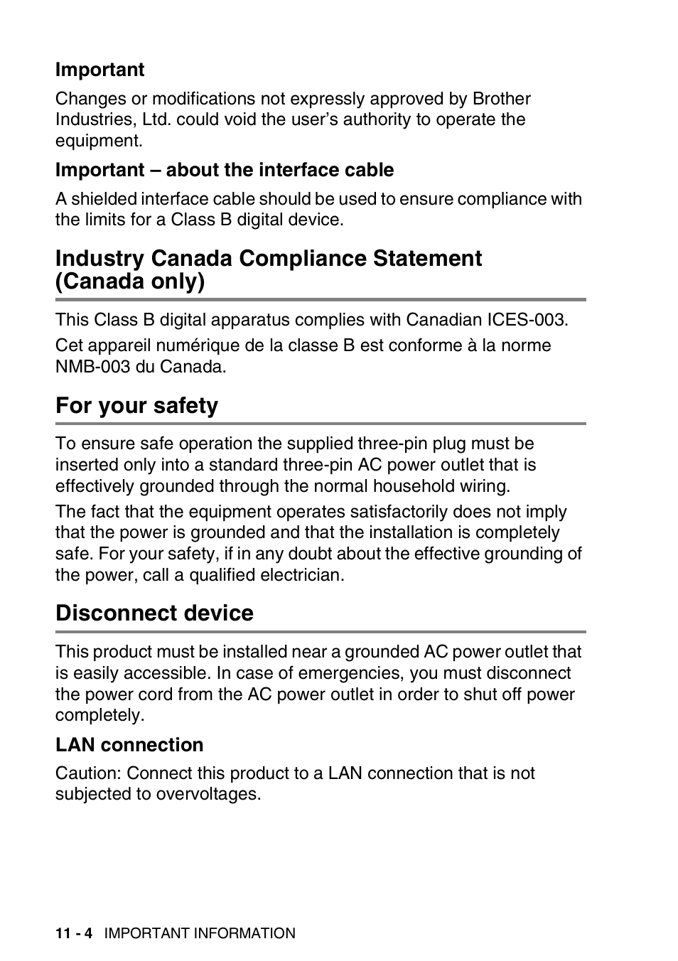 Important, Important - about the interface cable, Industry canada compliance statement (canada only) | For your safety, Disconnect device, Lan connection, Industry canada compliance statement, Canada only) -4, For your safety -4 disconnect device -4, Lan connection -4 | Brother MFC 8220 User Manual | Page 143 / 213