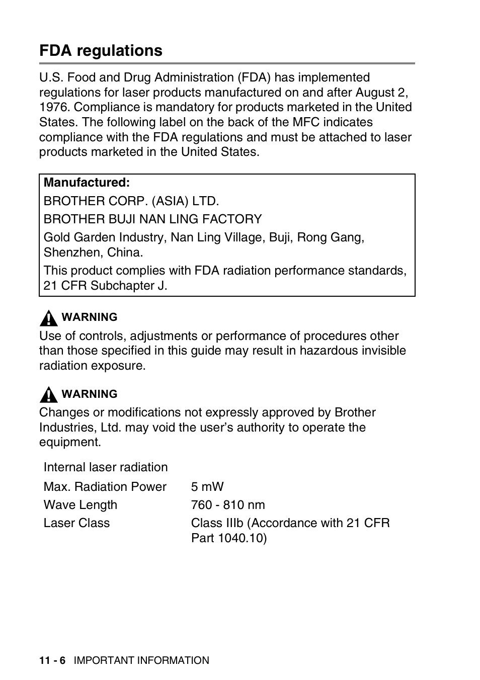 Fda regulations, Fda regulations -6 | Brother MFC 8220 User Manual | Page 145 / 213
