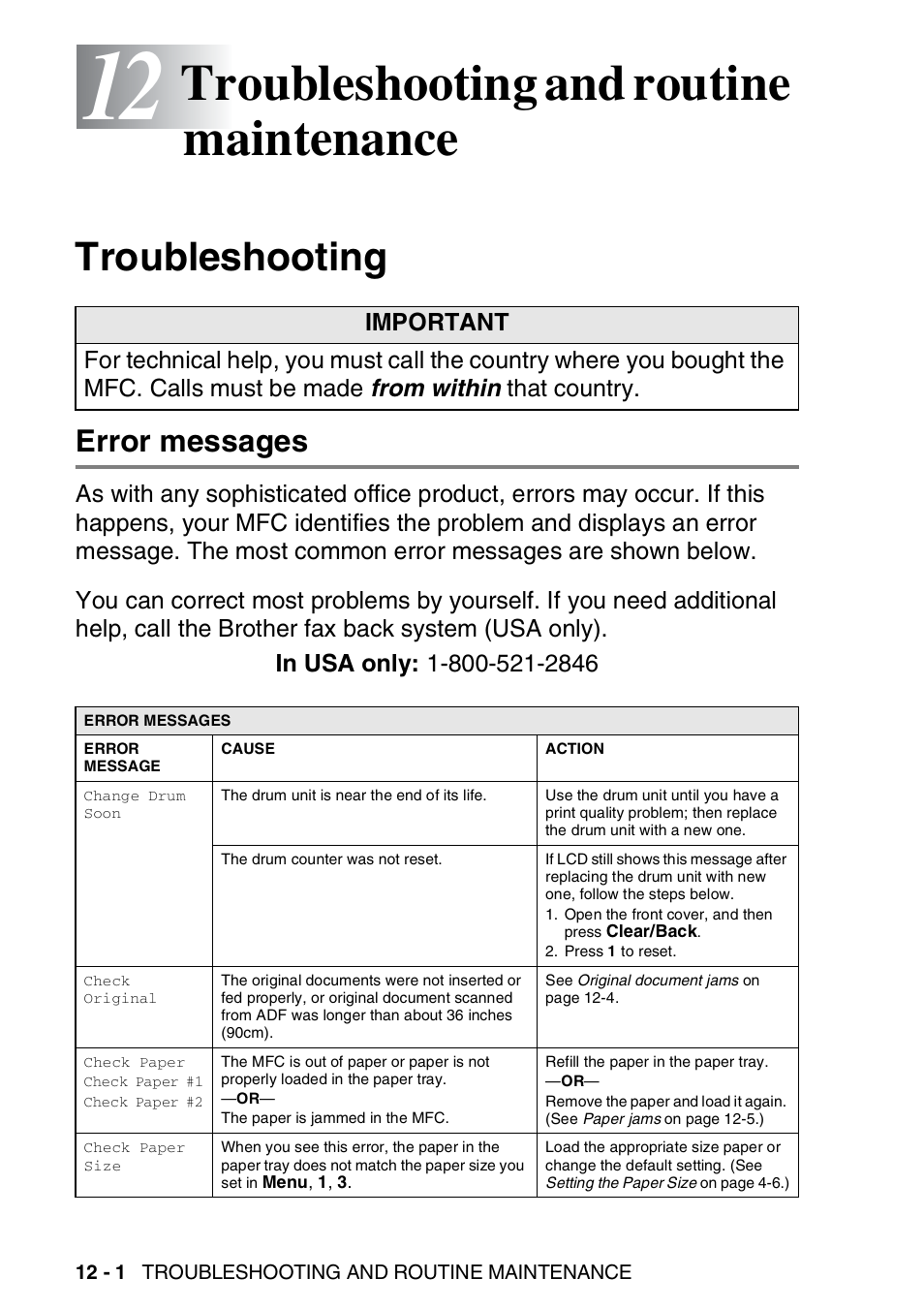 12 troubleshooting and routine maintenance, Troubleshooting, Error messages | Troubleshooting and routine maintenance -1, Troubleshooting -1, Error messages -1, Troubleshooting and routine maintenance | Brother MFC 8220 User Manual | Page 149 / 213