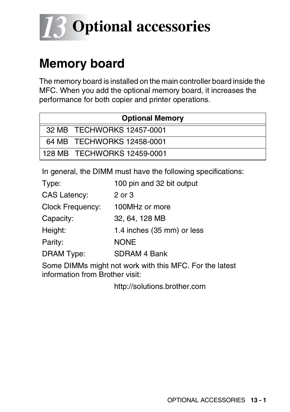 13 optional accessories, Memory board, Optional accessories -1 | Memory board -1, Optional accessories | Brother MFC 8220 User Manual | Page 182 / 213