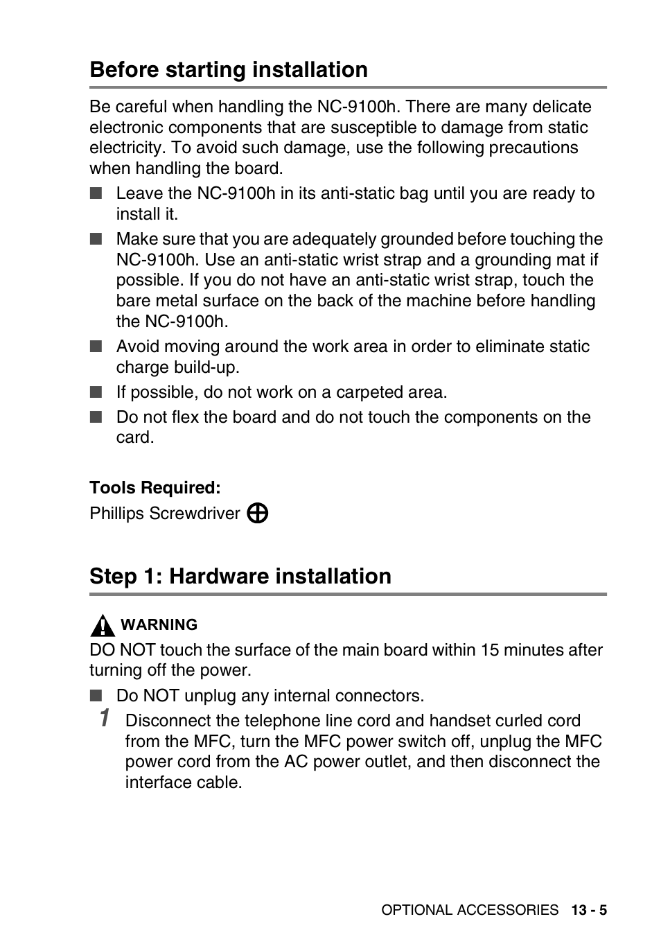 Before starting installation, Step 1: hardware installation | Brother MFC 8220 User Manual | Page 186 / 213
