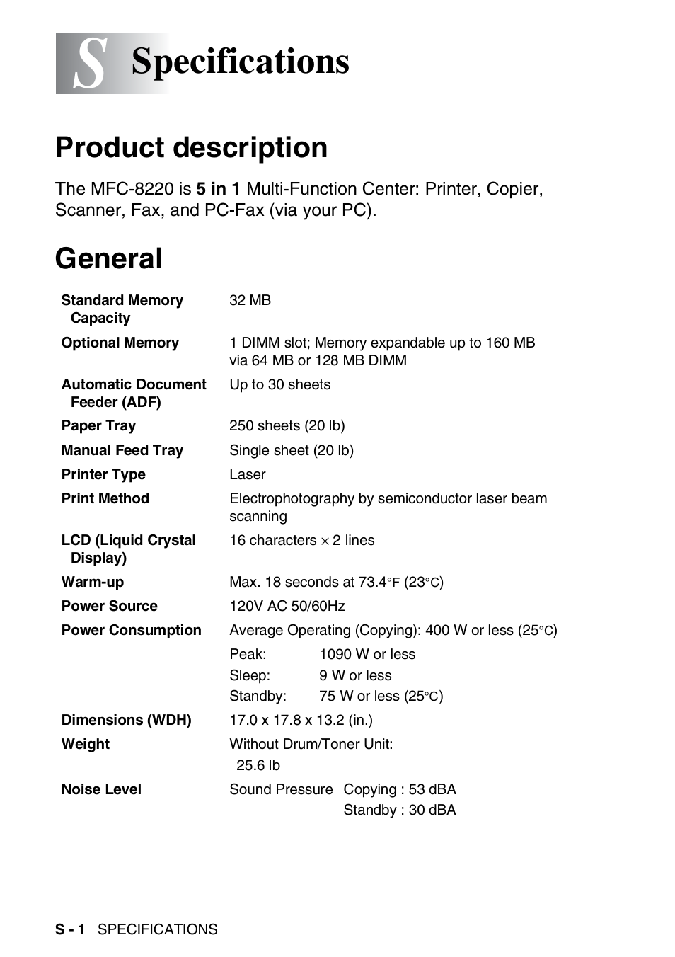 Specifications, Product description, General | Brother MFC 8220 User Manual | Page 197 / 213