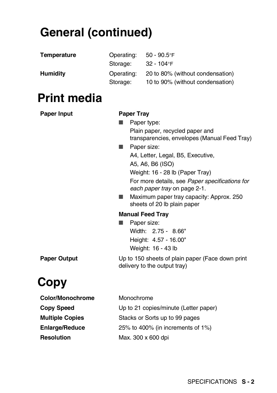 Print media, Copy, Print media copy general (continued) | Brother MFC 8220 User Manual | Page 198 / 213